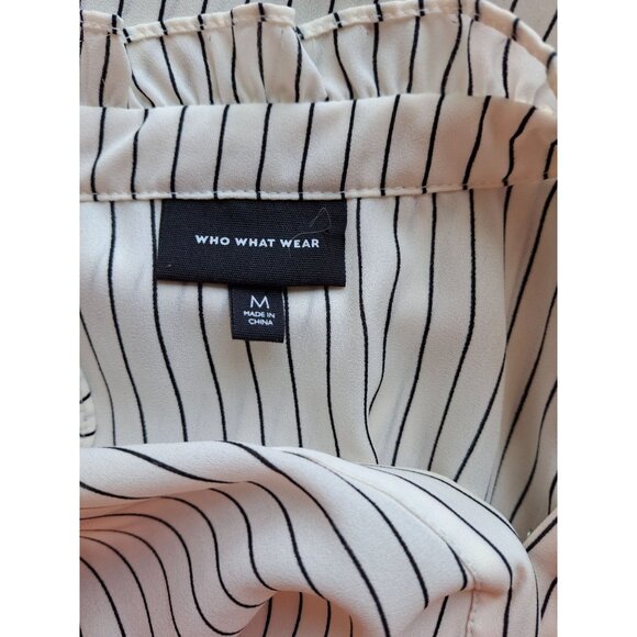 Who What Wear Women Blouse M Black White Stripe Sleeveless Ruffle VNeck Corpcore - Picture 3 of 6